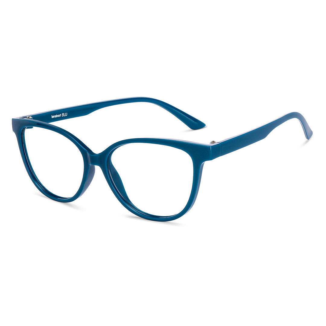 Lenskart BLU Screen Glasses Blue Block Zero Power Screen Glasses : Turquoise Navy Blue Full Rim Cat Eye Lenskart Blu LB E14452-C6 left side