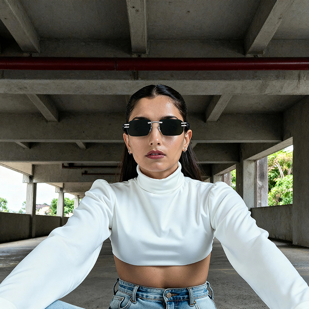 Grey Gunmetal Rimless Rectangle Lenskart Studio VC Sun Metal LK