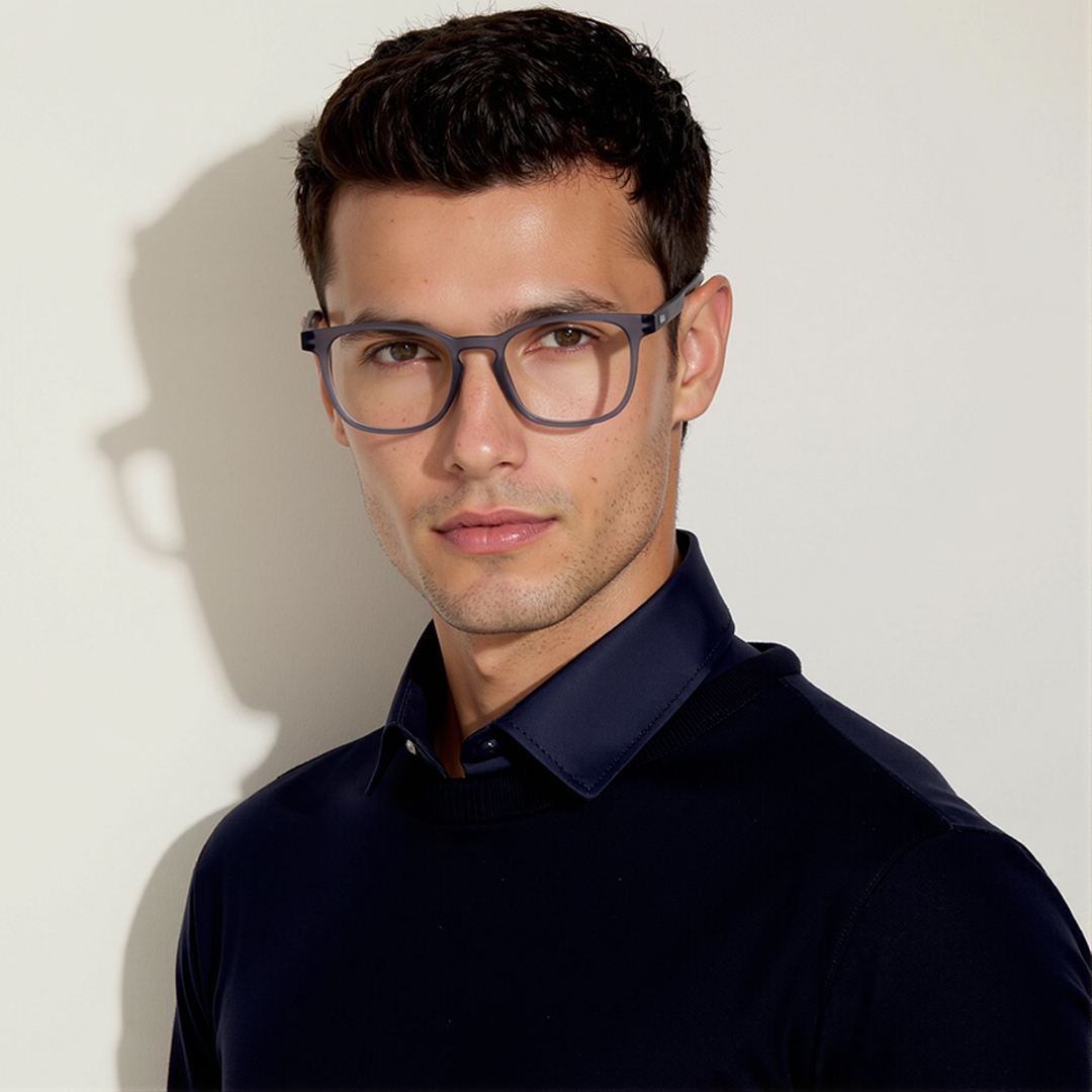 Lenskart Hustlr Screen Glasses Blue Block Zero Power Screen Glasses : Grey Stone Full Rim Square Lenskart HUSTLR LB E14058-XW C2 left side