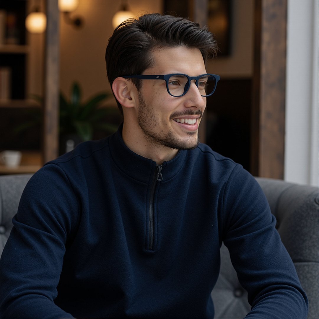 Lenskart Hustlr Screen Glasses Blue Block Zero Power Screen Glasses : Navy Full Rim Square Lenskart HUSTLR LB E14058-XW C45 left side