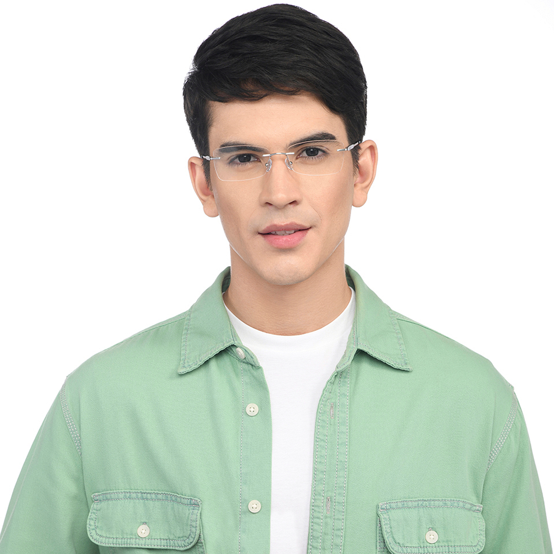 John Jacobs Online Gunmetal Rimless Rectangle left side