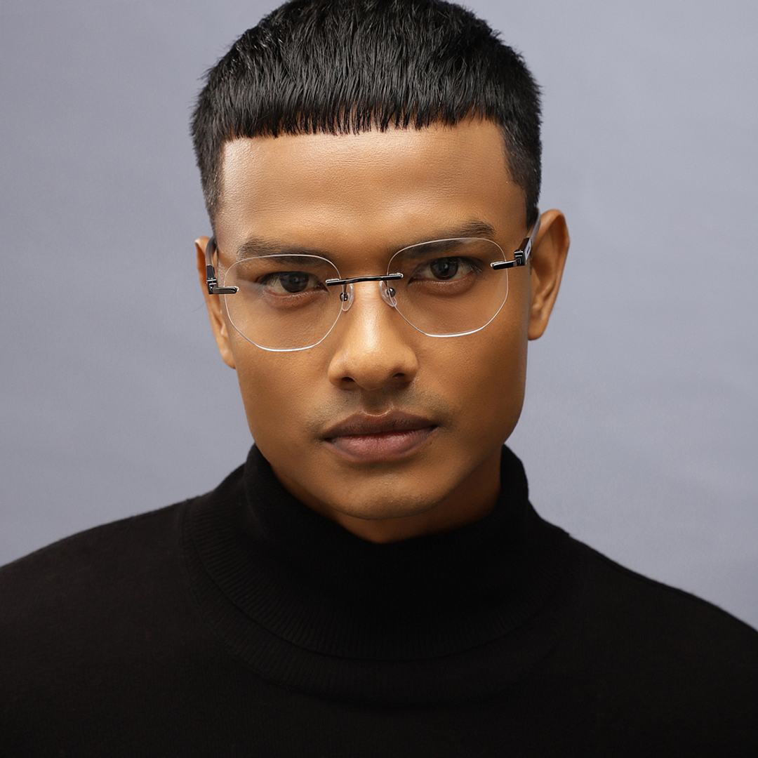 John Jacobs Online Gunmetal Rimless Hexagonal left side