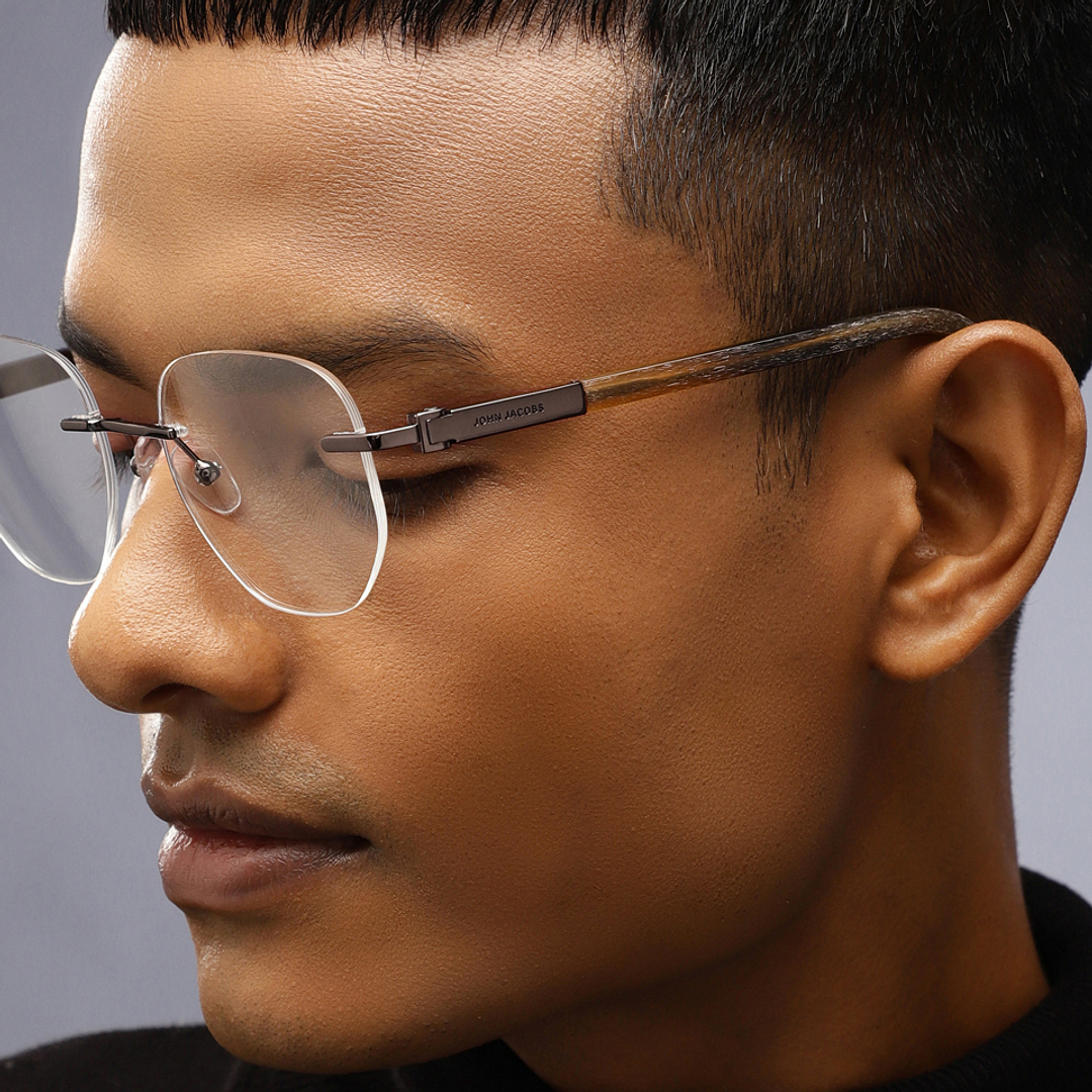 John Jacobs Online Gunmetal Rimless Hexagonal right side