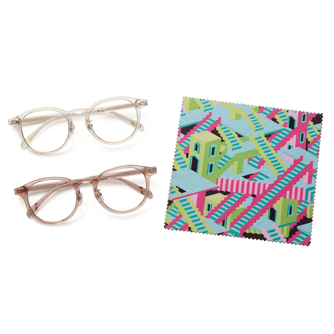 SQUID GAME × OWNDAYS Clear Pink Full Rim Boston left side