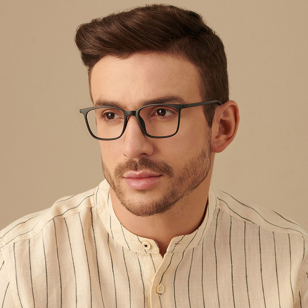 Lenskart BLU Screen Glasses Blue Block Zero Power Screen Glasses : Matte Black Full Rim Square Lenskart Blu LB E13526-C1 left side