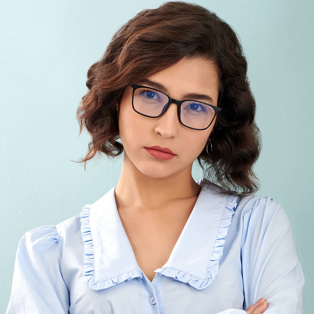 Lenskart BLU Screen Glasses Blue Block Zero Power Screen Glasses : Matte Black Full Rim Square Lenskart Blu LB E13526-C1 left side