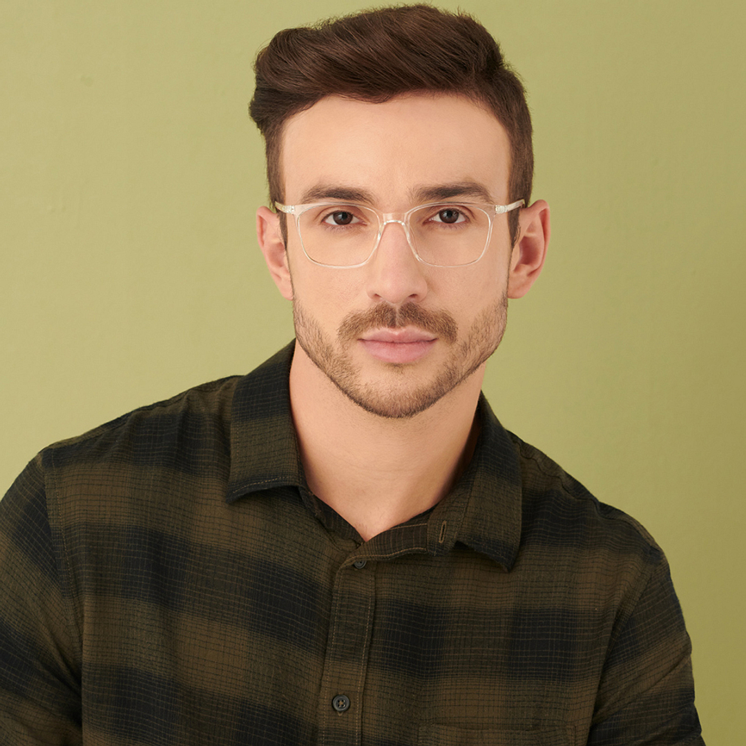 Lenskart BLU Screen Glasses Blue Block Zero Power Screen Glasses : Transparent Full Rim Square Lenskart Blu LB E13526-C2 left side