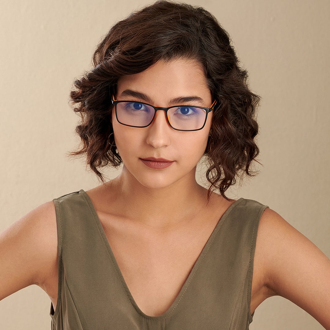 Lenskart BLU Screen Glasses Blue Block Zero Power Screen Glasses : Black Orange Full Rim Rectangle Lenskart Blu LB E13527-C5 left side