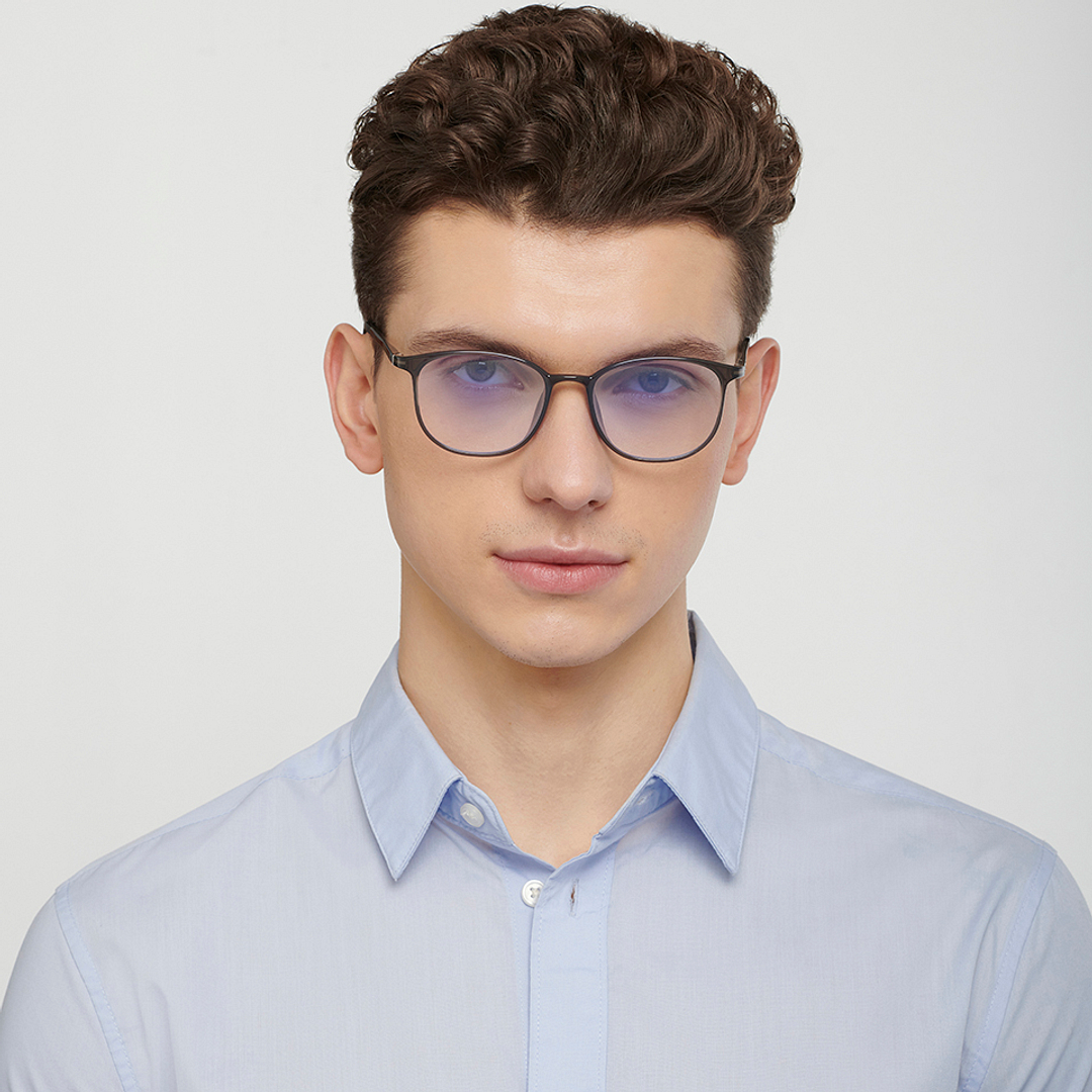 Lenskart BLU Screen Glasses Blue Block Zero Power Screen Glasses : Grey Black Full Rim Round Lenskart Blu LB E13528-C3 left side