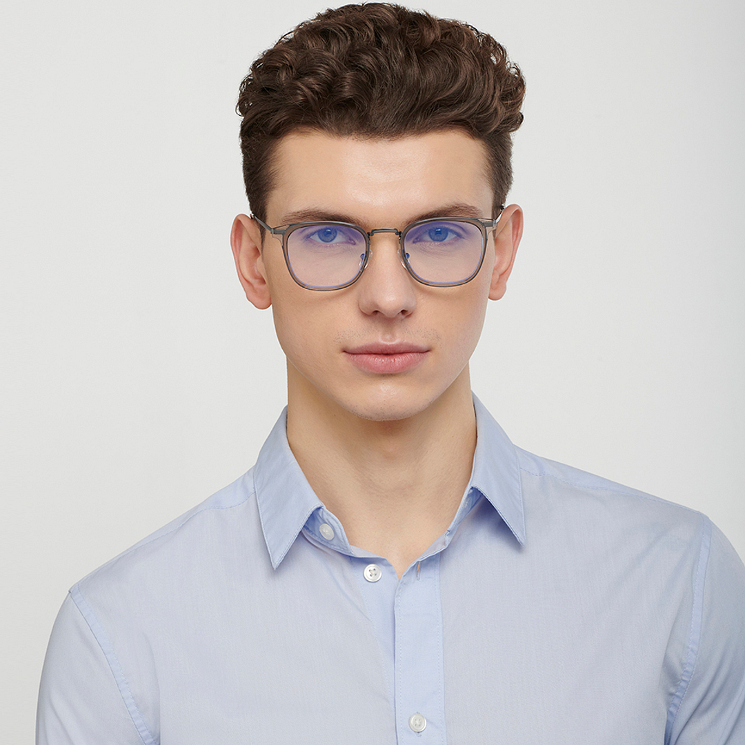 Lenskart BLU Screen Glasses Blue Block Zero Power Screen Glasses : Gunmetal Grey Transparent Full Rim Square Lenskart BLU LB E13529-C2 left side