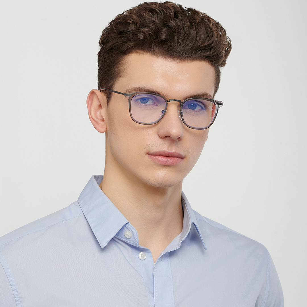 Lenskart BLU Screen Glasses Blue Block Zero Power Screen Glasses : Gunmetal Grey Transparent Full Rim Square Lenskart BLU LB E13529-C2 right side