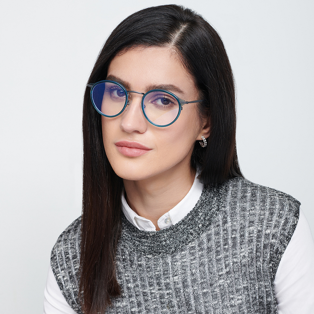 Lenskart BLU Screen Glasses Blue Block Zero Power Screen Glasses: Blue Gunmetal Blue Full Rim Round Lenskart BLU LB E13530-C3 left side