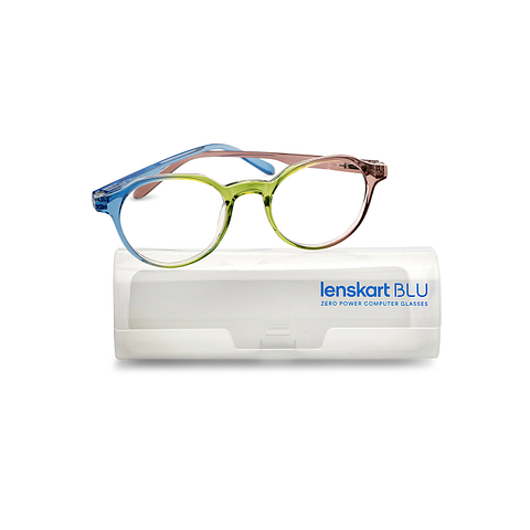 Lenskart BLU Screen Glasses Blue Block Zero Power Screen Glasses: Blue Green Pink Blue Pink Full Rim Round Lenskart Blu Glasses LB E14060-C5 right side