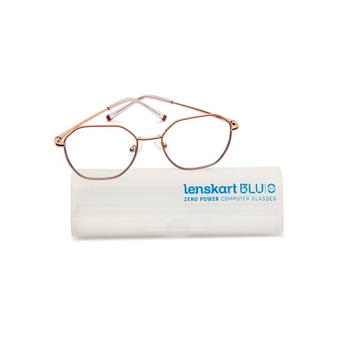 Lenskart BLU Screen Glasses Blue Block Zero Power Screen Glasses: Gold Pink Full Rim Geometric Lenskart Blu LB E14522-C2 left side