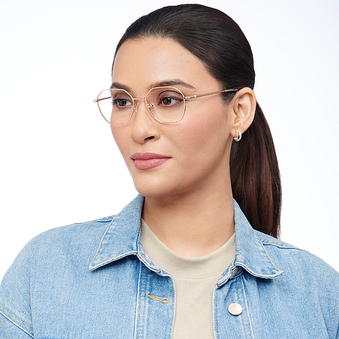 Lenskart BLU Screen Glasses Blue Block Zero Power Screen Glasses: Gold Pink Full Rim Geometric Lenskart Blu LB E14522-C2 left side