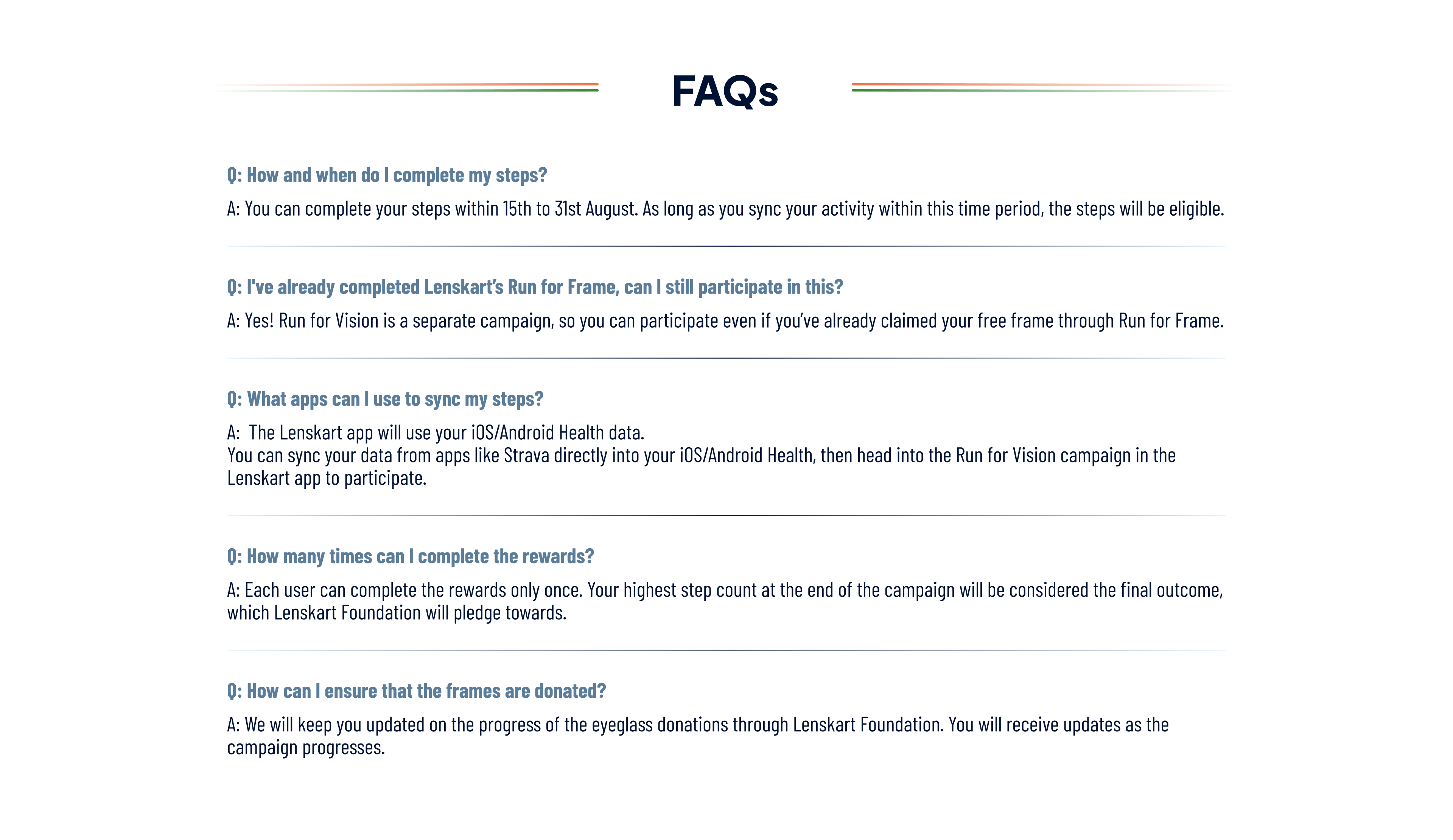 Frequently asked questions about completing steps, syncing health data, rewards, and donations